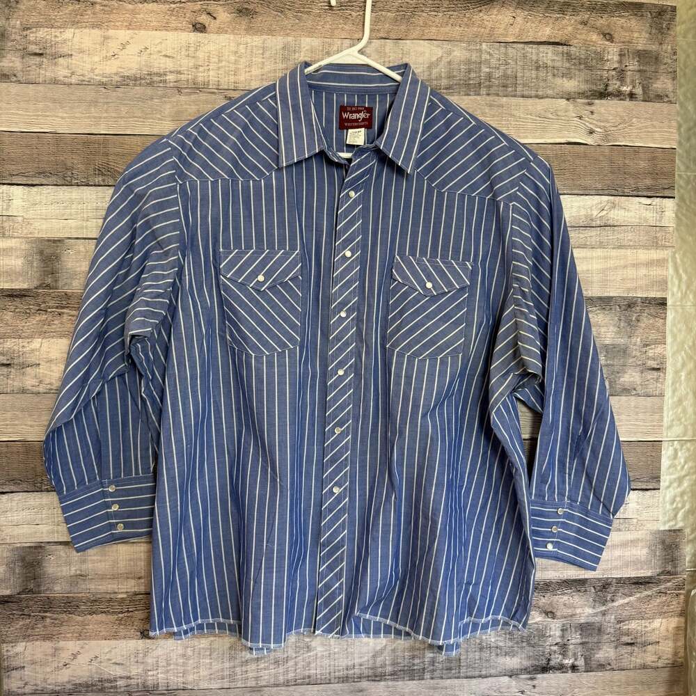 Wrangler Pearl Snap Western Shirt Mens 3XL Blue Striped Long Sleeve Cowboy